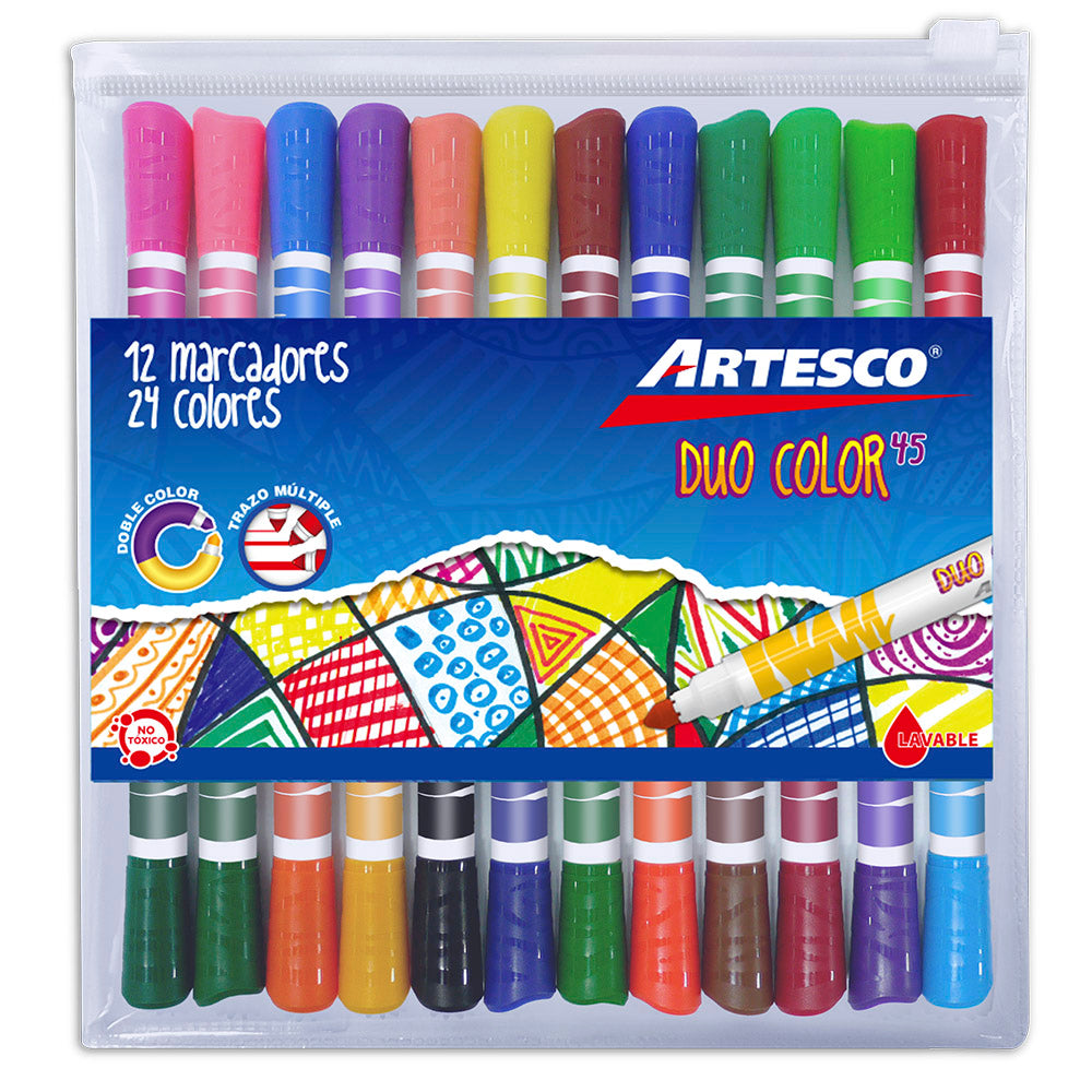 Artesco Plumones Doble Punta Duo Color 45 Estuche 12 unid 