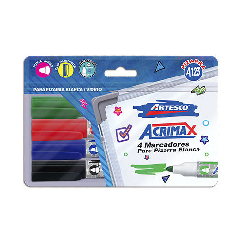 Plumones para pizarra Acrimax A123 estuche x 4 unidades Artesco