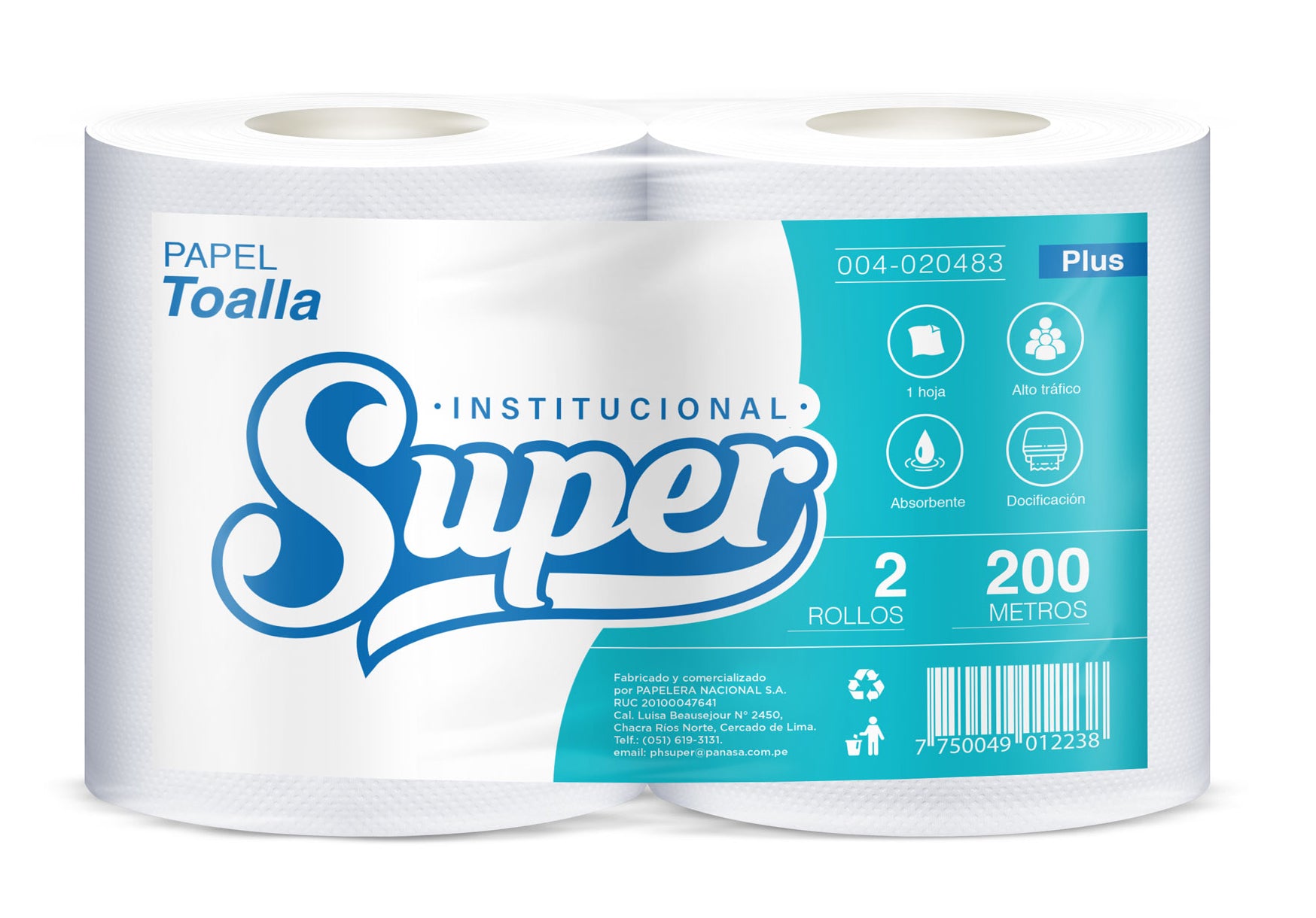 Papel toalla blanco una hoja 200 mt x 2 rollos Super Plus