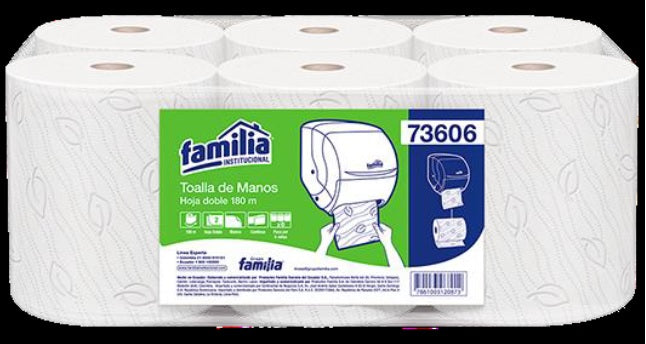 Papel toalla blanco hoja continua- doble hoja x 180 mt x 6 rollos Familia