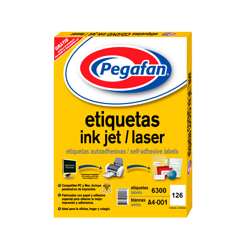 Etiqueta inkjet A4 001(15x26mm) 50 hojas 6300 unidades por caja Pegafan