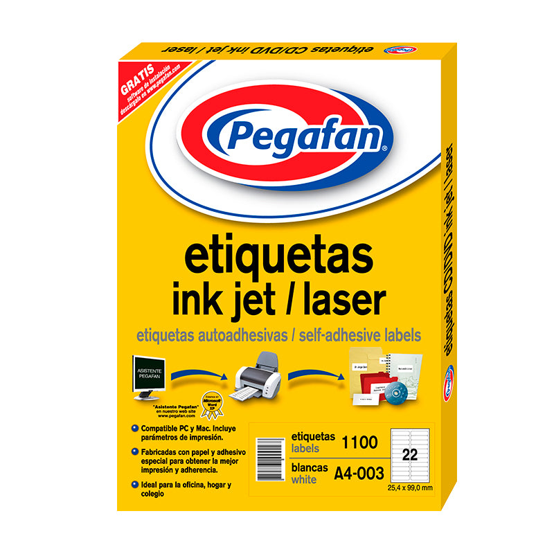 Etiqueta inkjet A4 003(25.4x99mm) 50 hojas 1100 unidades por caja pegafan