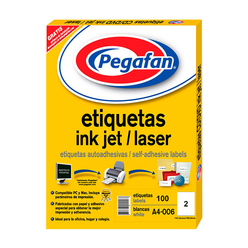 Etiqueta inkjet A4 006(143.4x199.9mm) 50 hojas 100 unidades por caja pegafan